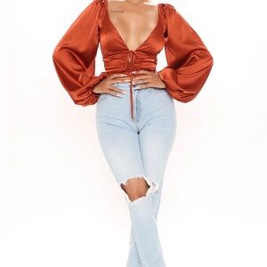 Fashion Nova “Clearly Over It” Rust Colored  Long Sleeve Crop Blouse Size Large
